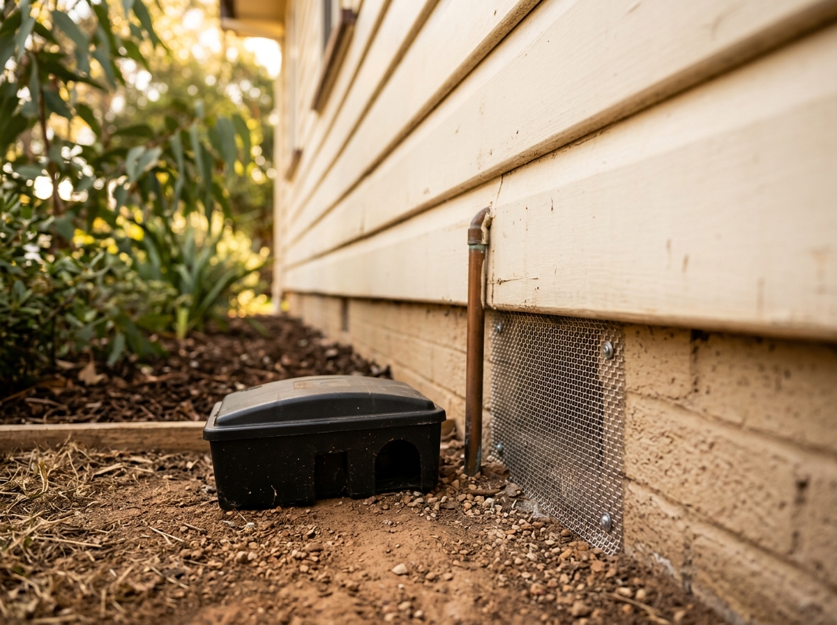 Black bait station and a steel-mesh patch beside a copper pipe at the base of a weatherboard wall, with garden bed nearby.