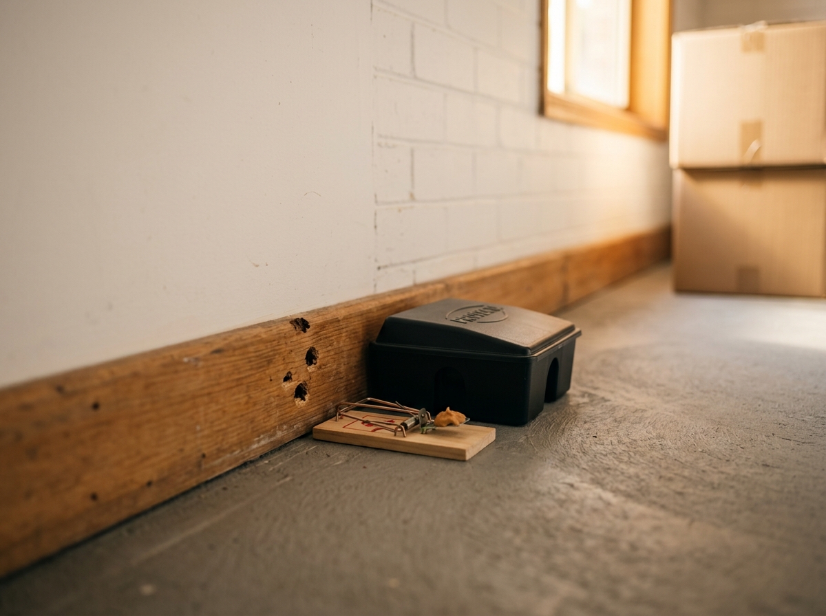 Black rodent bait station and small wooden snap trap along a timber skirting board, with faint gnaw marks on the wood nearby.