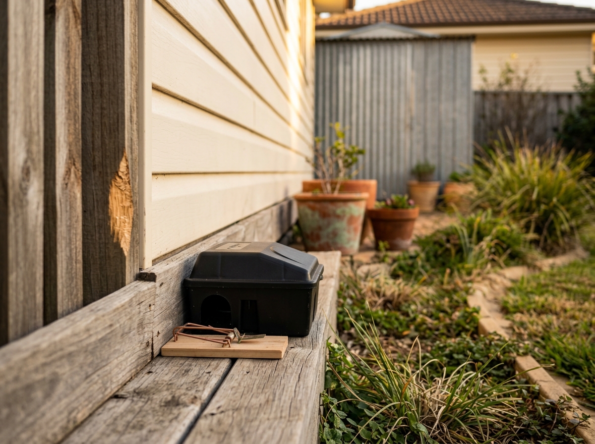 Black rodent bait station and snap trap along a weatherboard wall, with gnaw marks on a fence post in a suburban side yard.