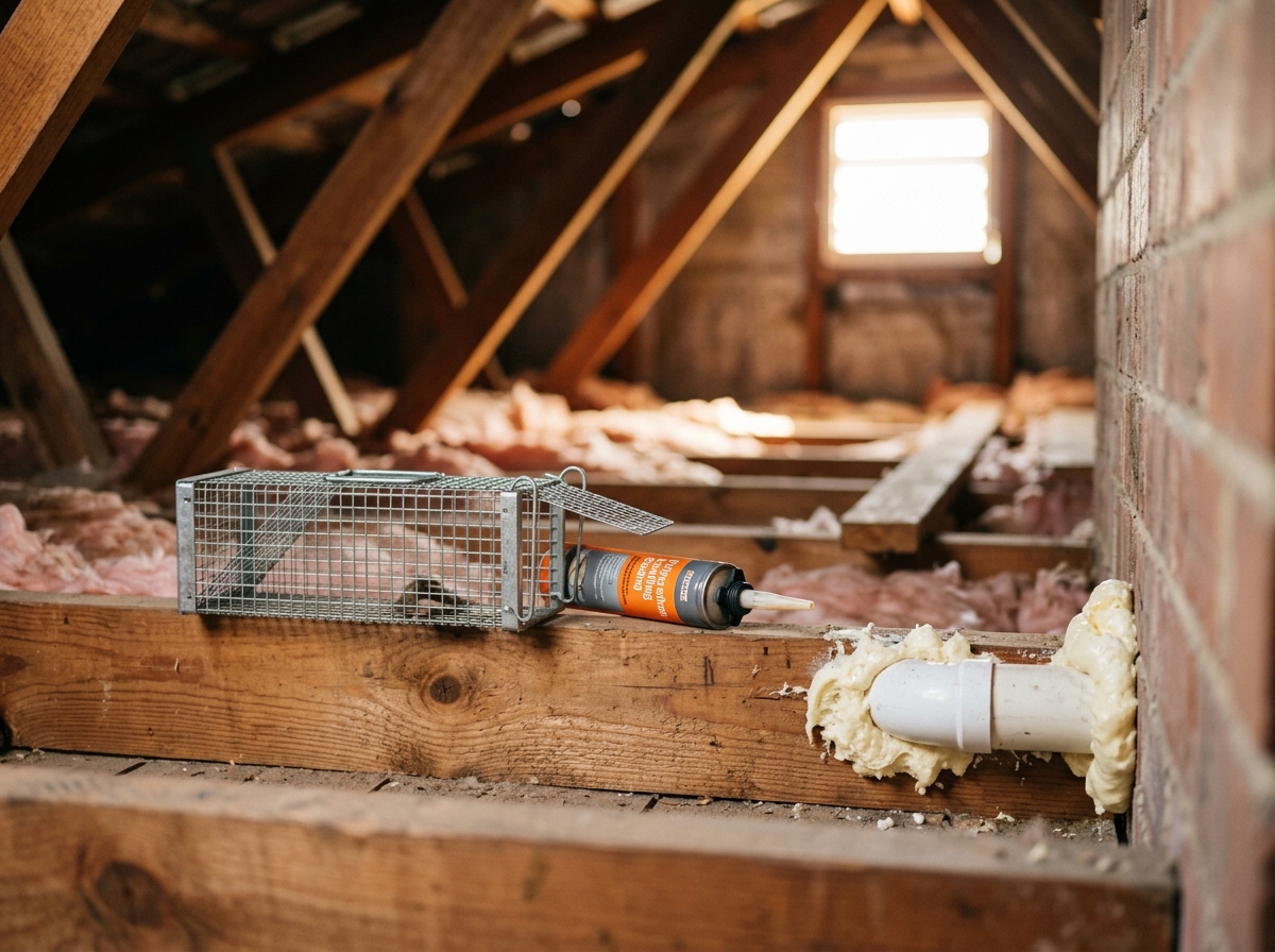 Wire-mesh rat trap and a tube of sealing foam on a roof joist beside a freshly patched pipe gap in a roof cavity.