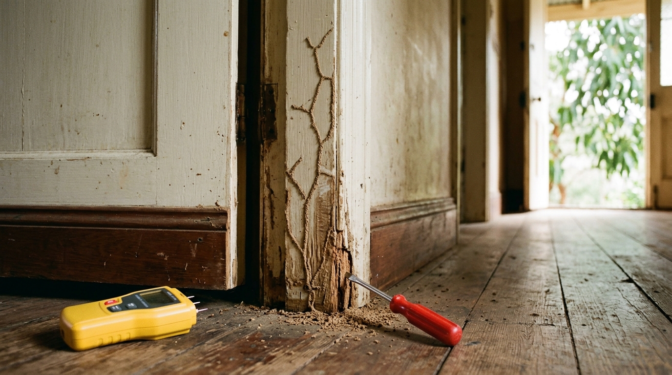 Close-up of a timber door frame with mud tracks and crumbling wood at the base, a screwdriver probing the grain beside a moisture meter.
