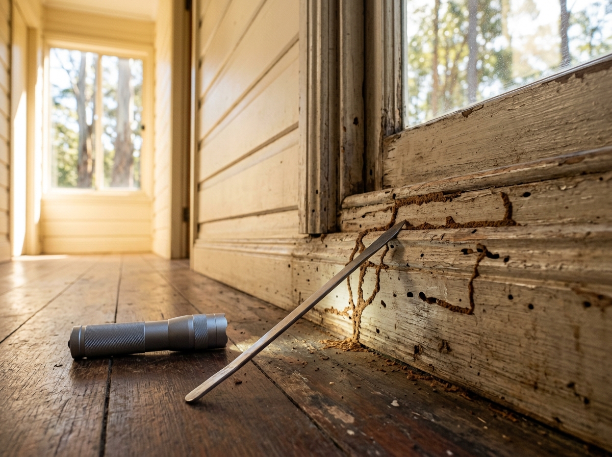 Weathered window frame and skirting board with mud tunnels and bore holes, a steel probe and torch beside them in a sunlit hallway