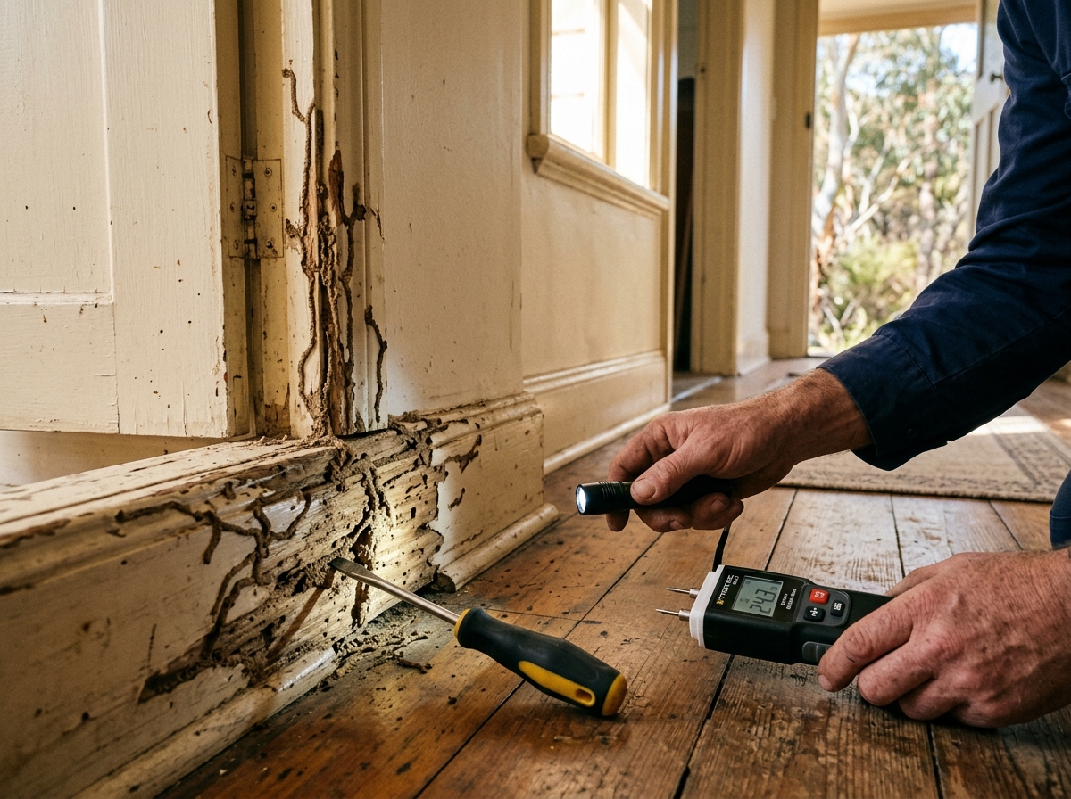 Screwdriver and torch probing a damaged timber door frame with mud tunnels; a moisture meter rests on the hallway floor.