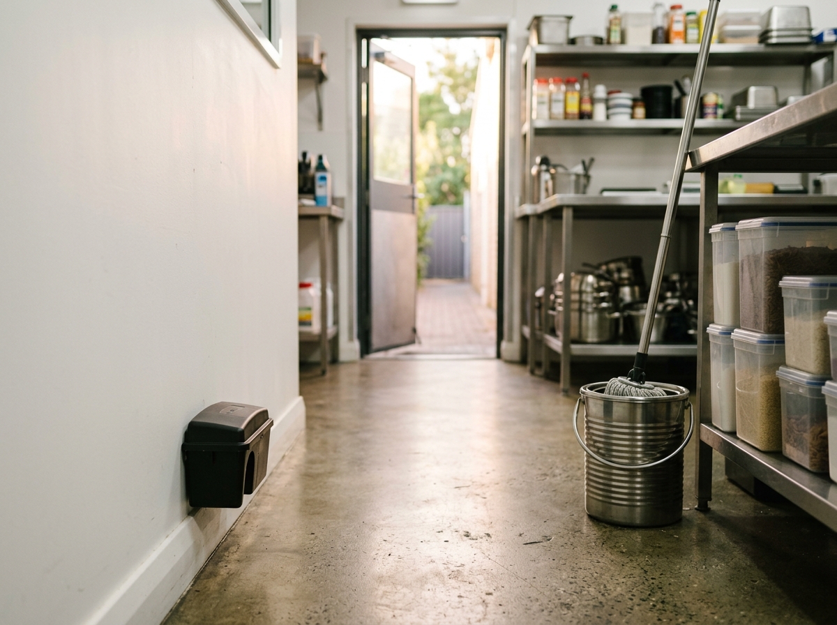 Small black rodent bait station against a white wall near a kitchen's rear door, beside a mop bucket and sealed containers.