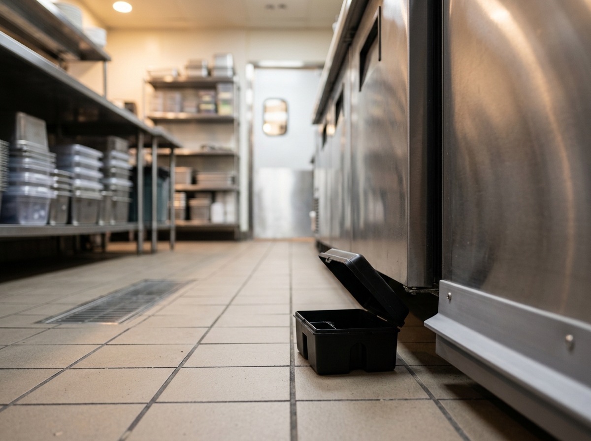 Small black bait station with lid slightly open at the base of a steel prep counter, beside a back door with a sealed sweep.