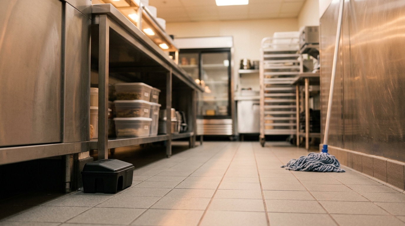 Small black bait station against the base of a stainless steel counter on a clean tiled kitchen floor, with a mop nearby.
