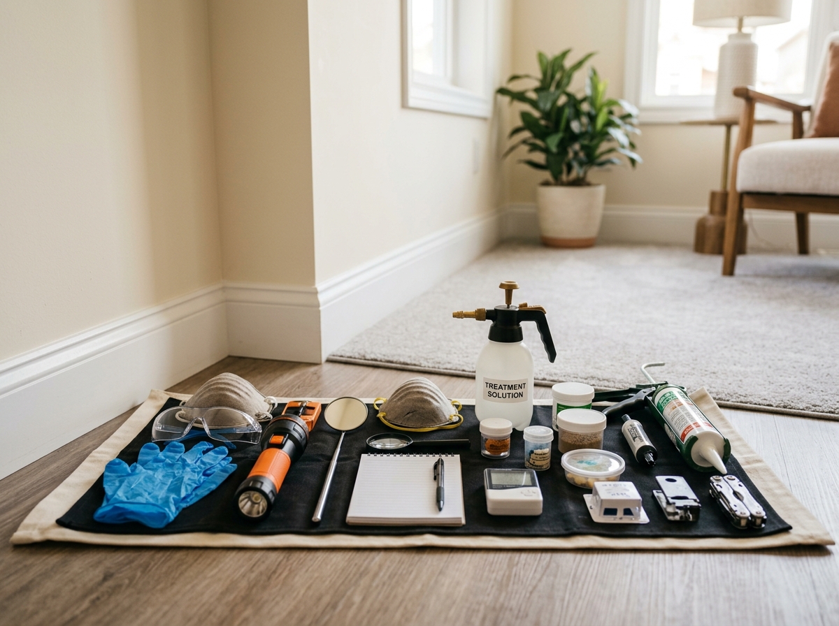 Pest control technician's toolkit displayed on a clean surface with safety gear, inspection tools, and treatment supplies in a modern home c