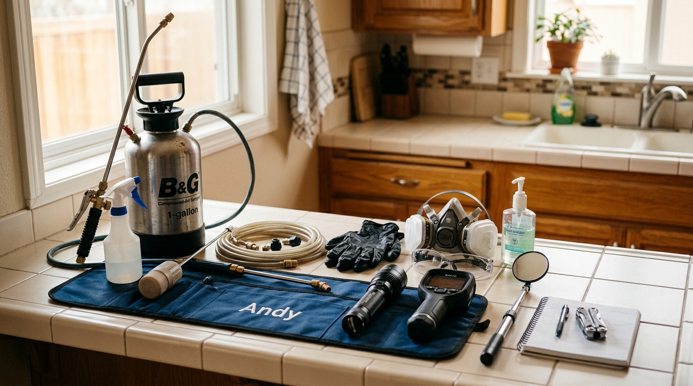 Pest control technician's toolkit displayed on a kitchen counter with safety gear, applicators, and inspection tools in natural window light