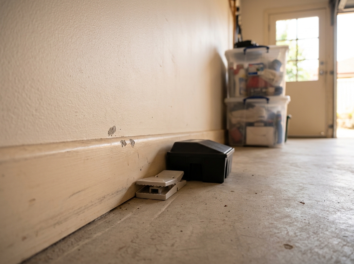 A snap trap and black bait station sit against a timber skirting board, beside small gnaw marks and a rub smudge on the wall.