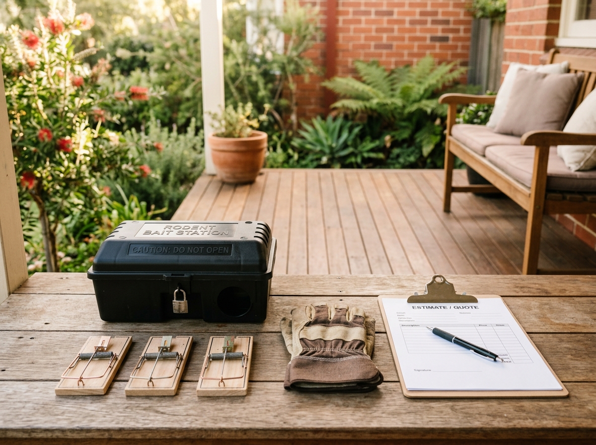 Bait station, snap traps, work gloves and a clipboard with a blank quote form and pen on a porch bench in sunlight.