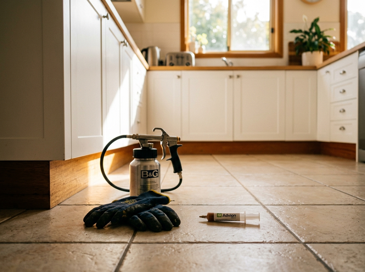 Work gloves, a spray applicator and a gel-bait syringe on sunlit kitchen tiles beside a white cabinet base.