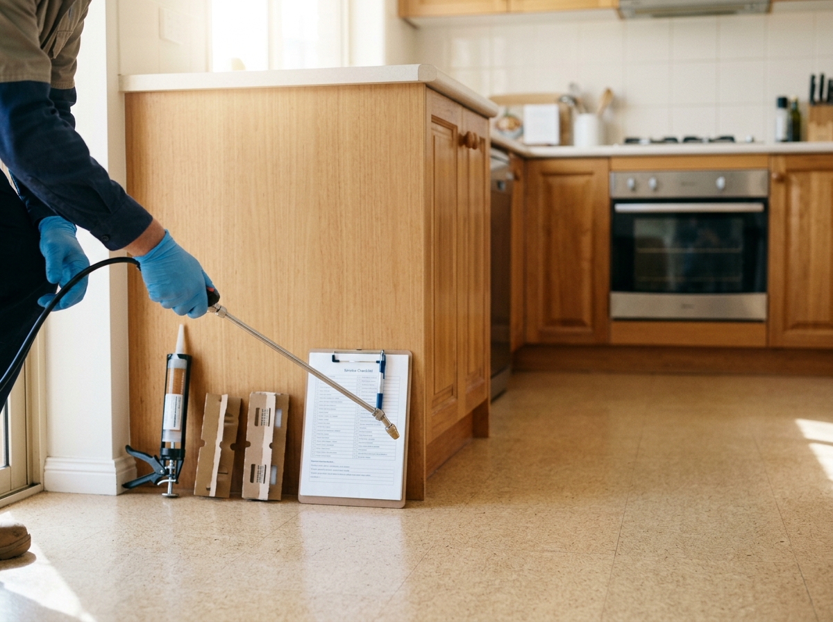 Gloved hand holds a sprayer wand beside a kitchen skirting board, with gel applicator, traps and clipboard on the bench.