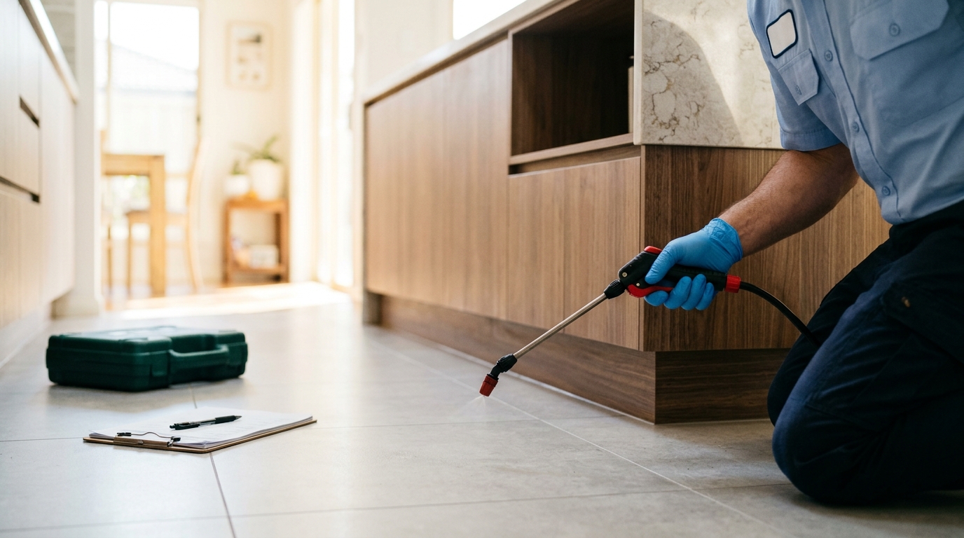 Gloved hand sprays treatment along the base of a kitchen cabinet, with a clipboard and equipment case on the tiled floor.