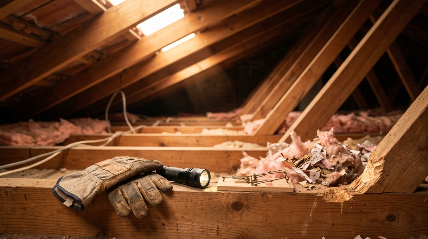 Work gloves, flashlight and a snap rat trap on a roof rafter beside chewed insulation and gnawed timber in a sunlit ceiling void.