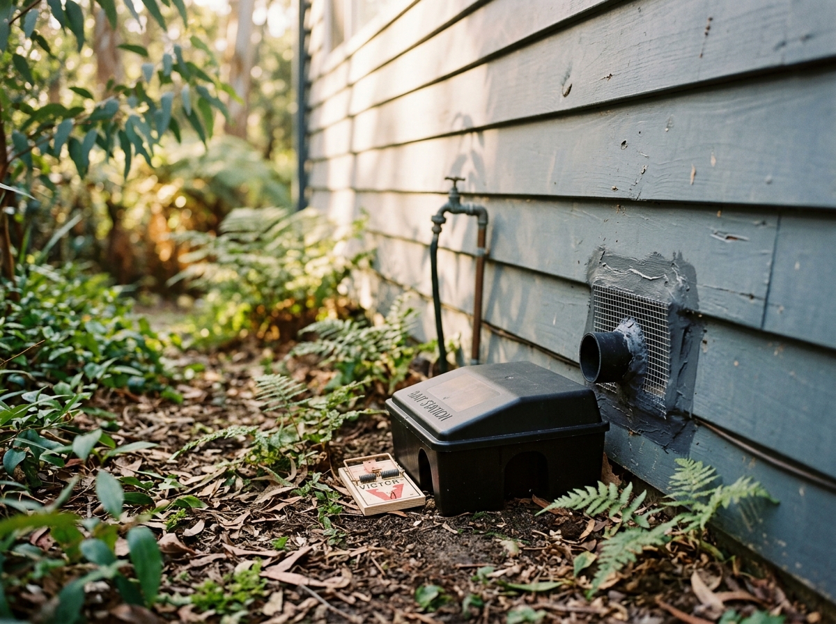 Black rat bait station and small snap trap against a weatherboard wall beside a freshly sealed pipe gap, with ferns nearby.