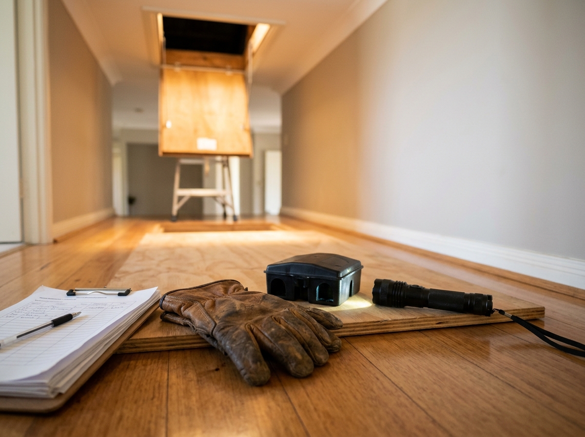 Worn leather gloves, a black bait station and a flashlight beside a clipboard on a timber hatch under warm light in a hallway.
