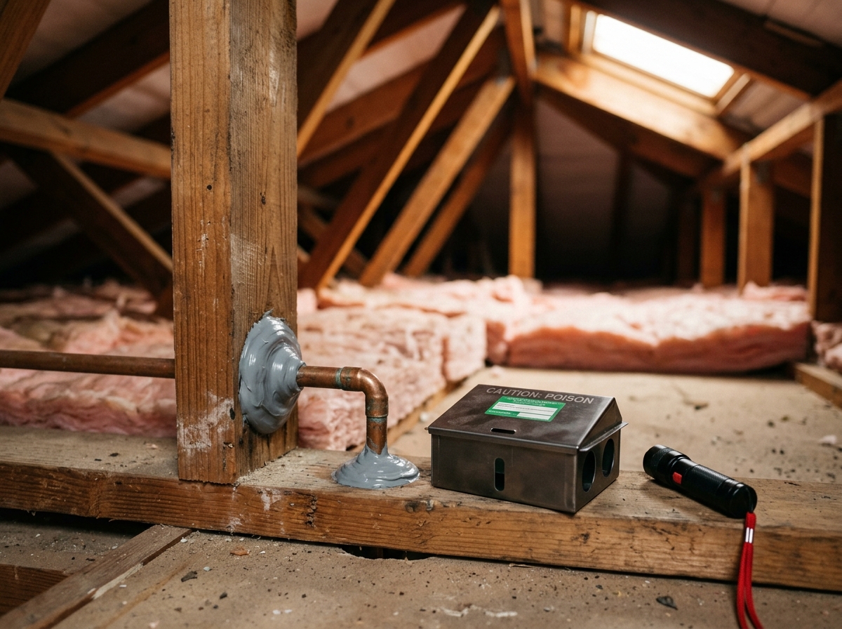 Sealed gap around a copper pipe in a timber wall, with a steel bait station and torch on a joist in a roof space.