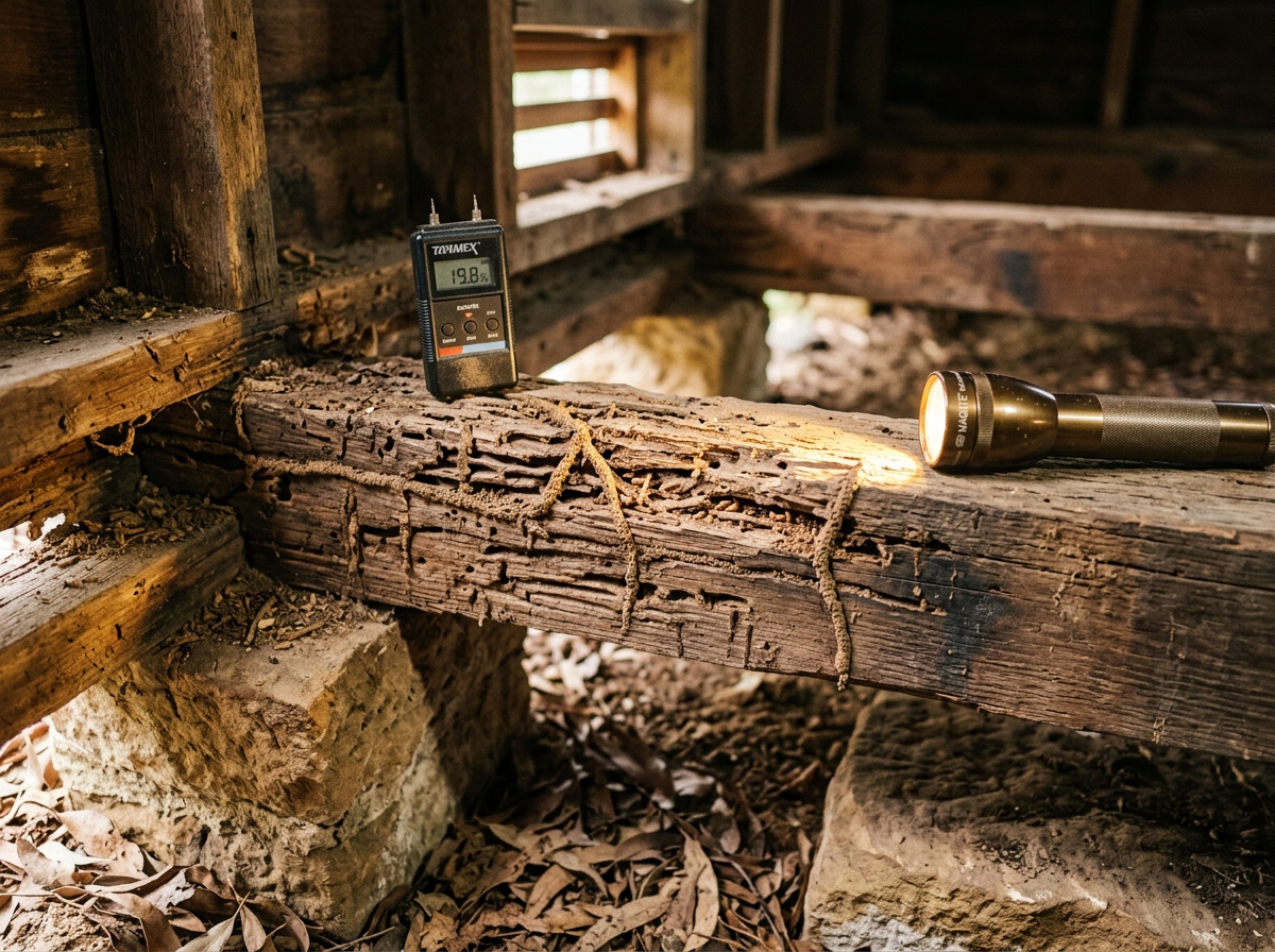 Weathered timber joists in a crawl space with termite galleries and mud tubes, lit by a flashlight beside a moisture meter.