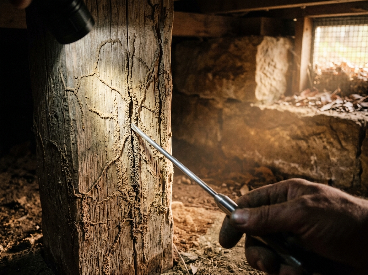 Flashlight beam rakes across a termite-damaged timber stud with mud tubes and frass; a metal probe rests against it.