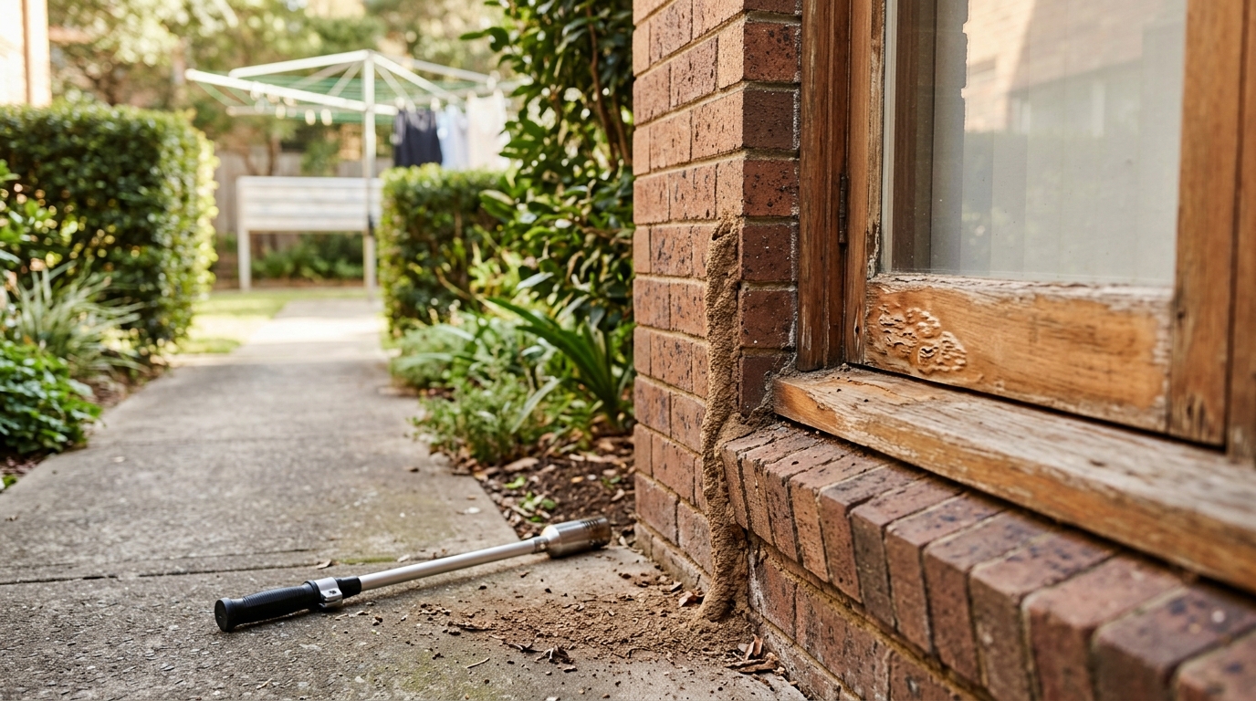 Termite mud tube climbing a brick wall beside a weathered timber window frame with blistered wood, and an inspection torch on the ground.