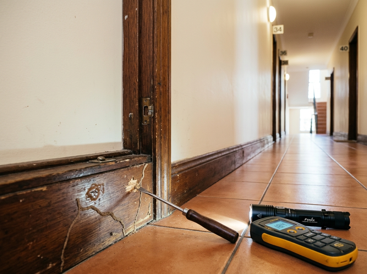 Inspector's metal probe resting against a timber door frame with mud-tube tracks and bubbled paint, in an apartment hallway.