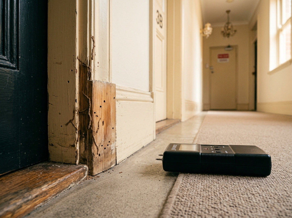 Close-up of a timber skirting board and door frame with thin mud tunnels and pinholes, a black moisture meter on the floor.