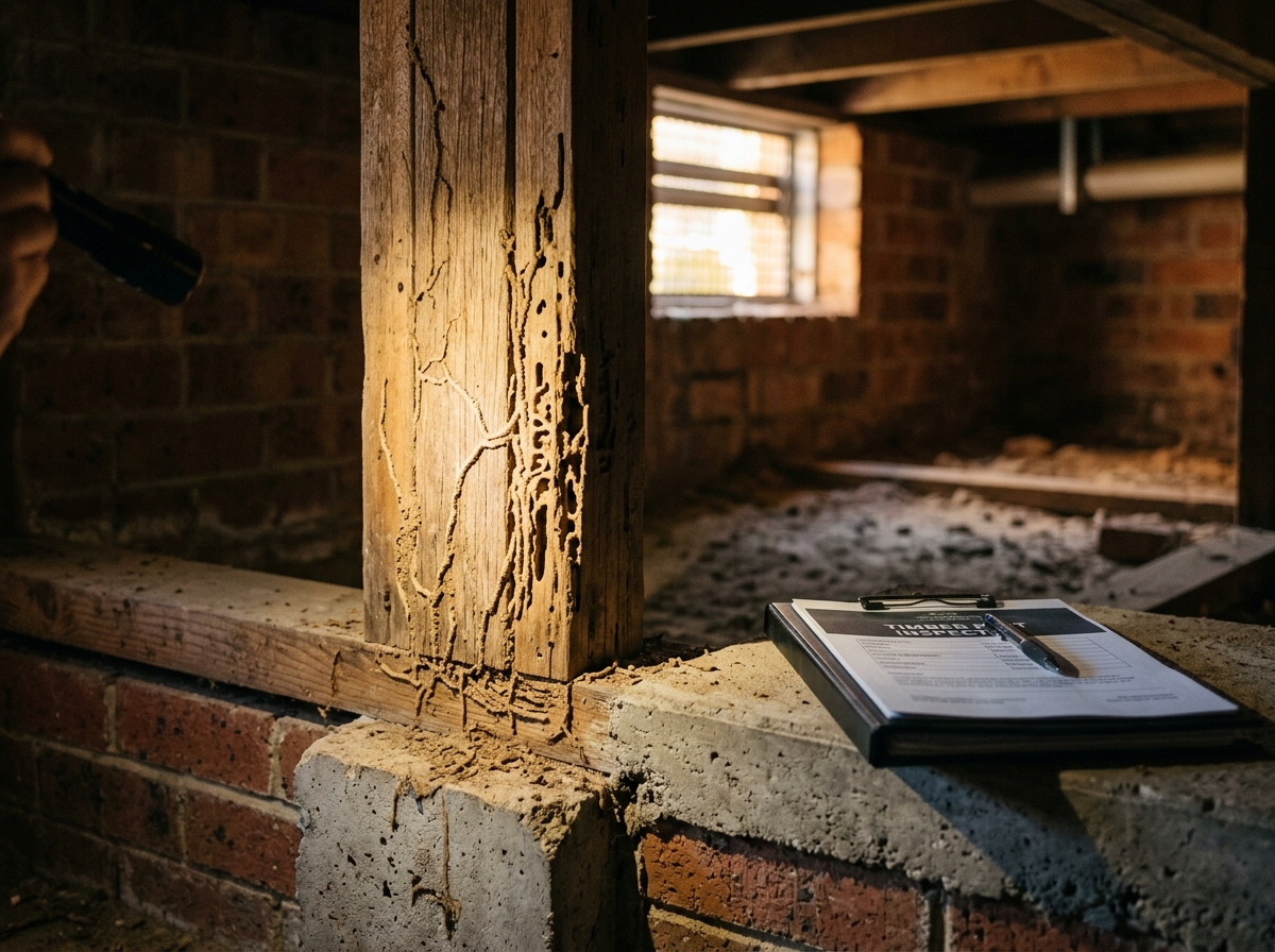 Pen torch beam across a timber stud with mud tubes and honeycombed termite damage, clipboard on a ledge in a crawlspace