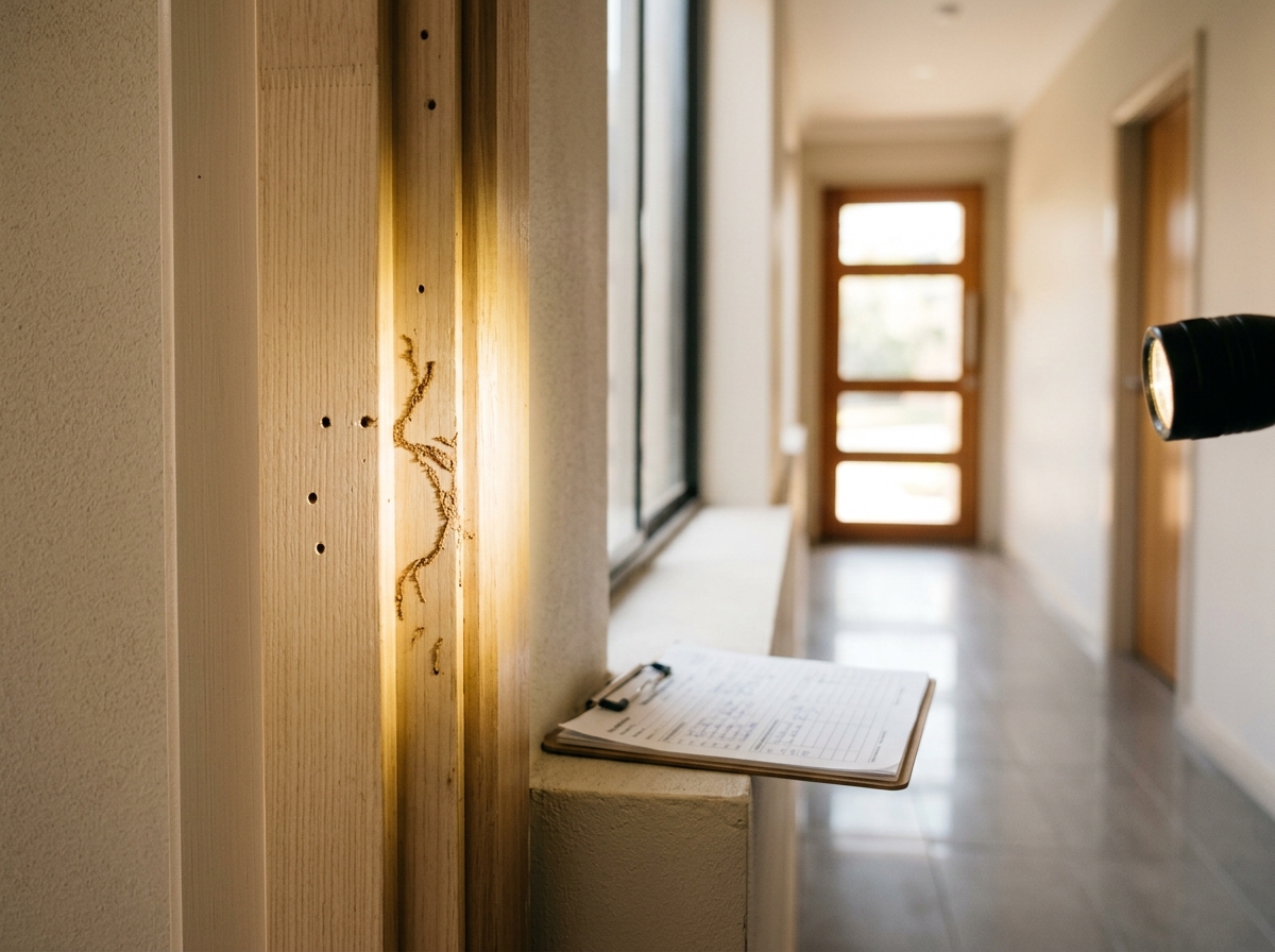 Timber door frame with fine mud trails and small bore holes lit by a torch beam, with an inspection report on a hallway ledge.