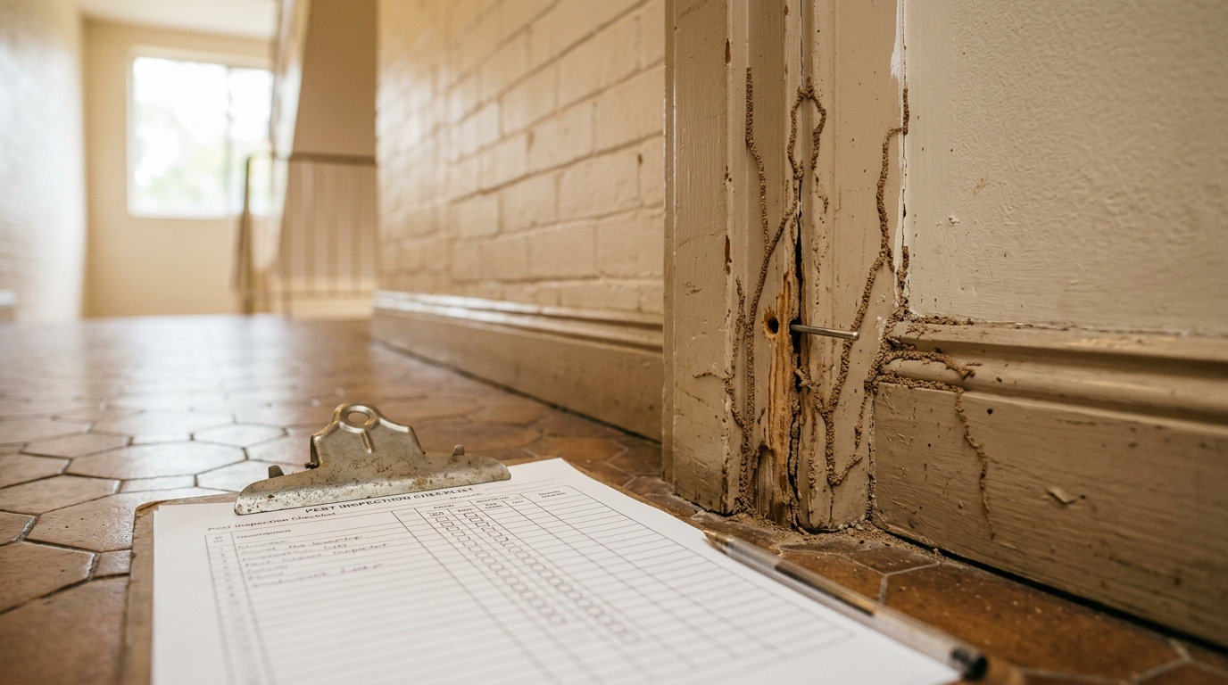 Close-up of a timber door frame and skirting board with termite mud tubes and a probe in a small hole, beside a clipboard.