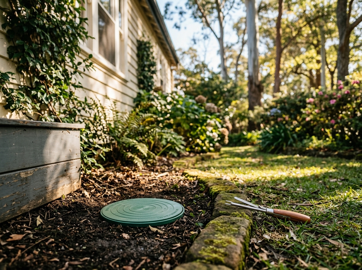 Green termite bait station cap set flush in soil beside a weatherboard cottage base, with an inspection tool on the grass.