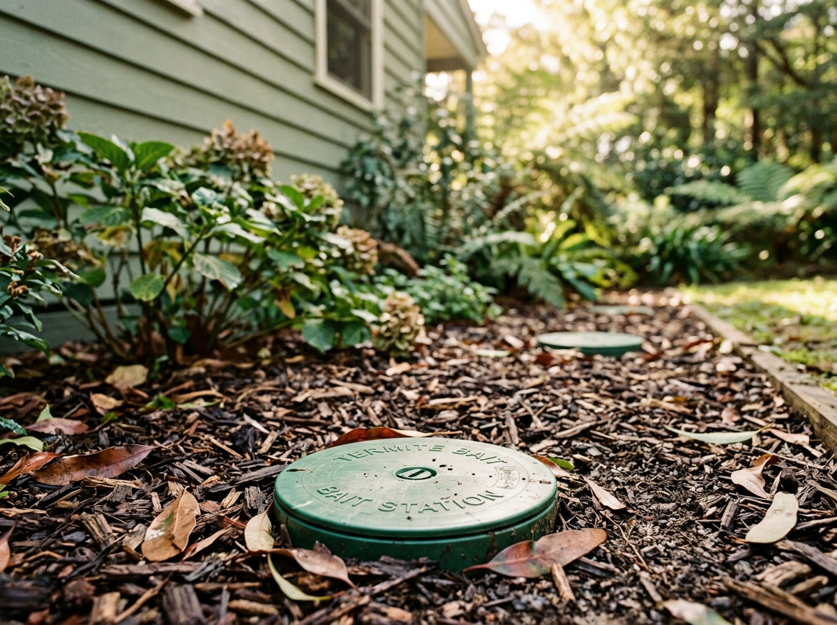 Green termite bait station cap set in mulched soil beside a weatherboard wall, with fallen leaves and blurred ferns behind.