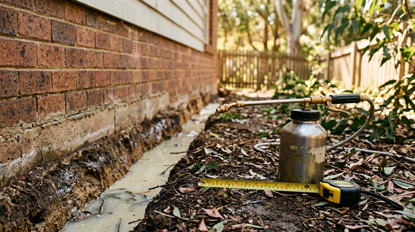 Trench along a brick home's foundation partly filled with pale termite treatment, with a pump sprayer and tape measure beside it.
