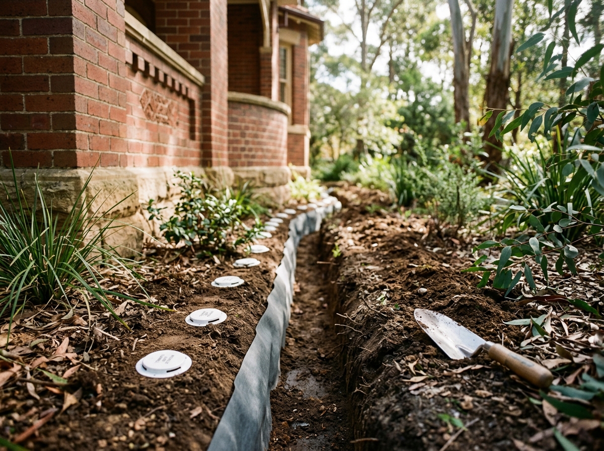 Narrow trench along a brick house's foundation with grey termite barrier strip, white bait stations and a trowel on the soil.