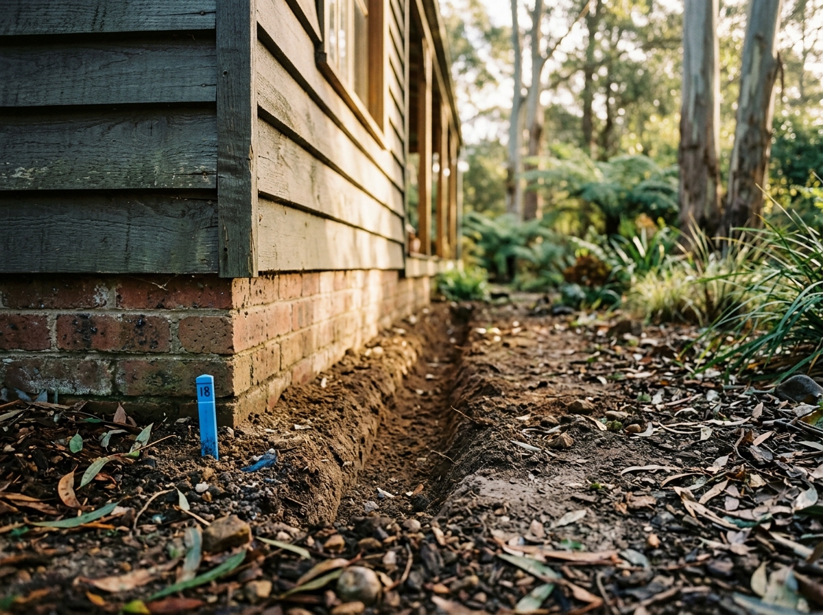 Narrow trench of treated soil along a brick foundation, with a blue marker peg beside a timber corner post and leaf litter.