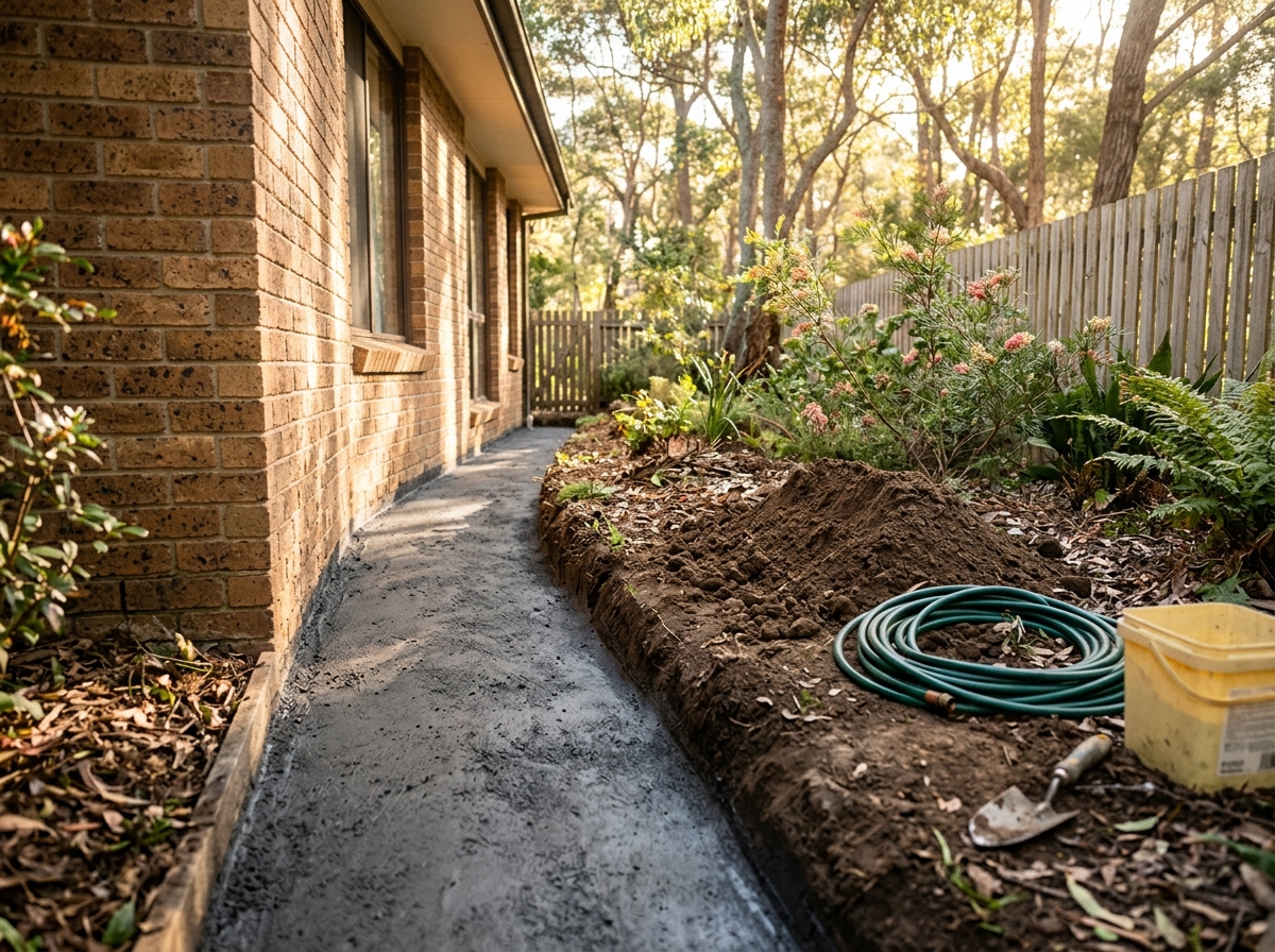 Freshly dug trench along a brick wall with a grey termite barrier strip, a soil pile and coiled hose beside it.