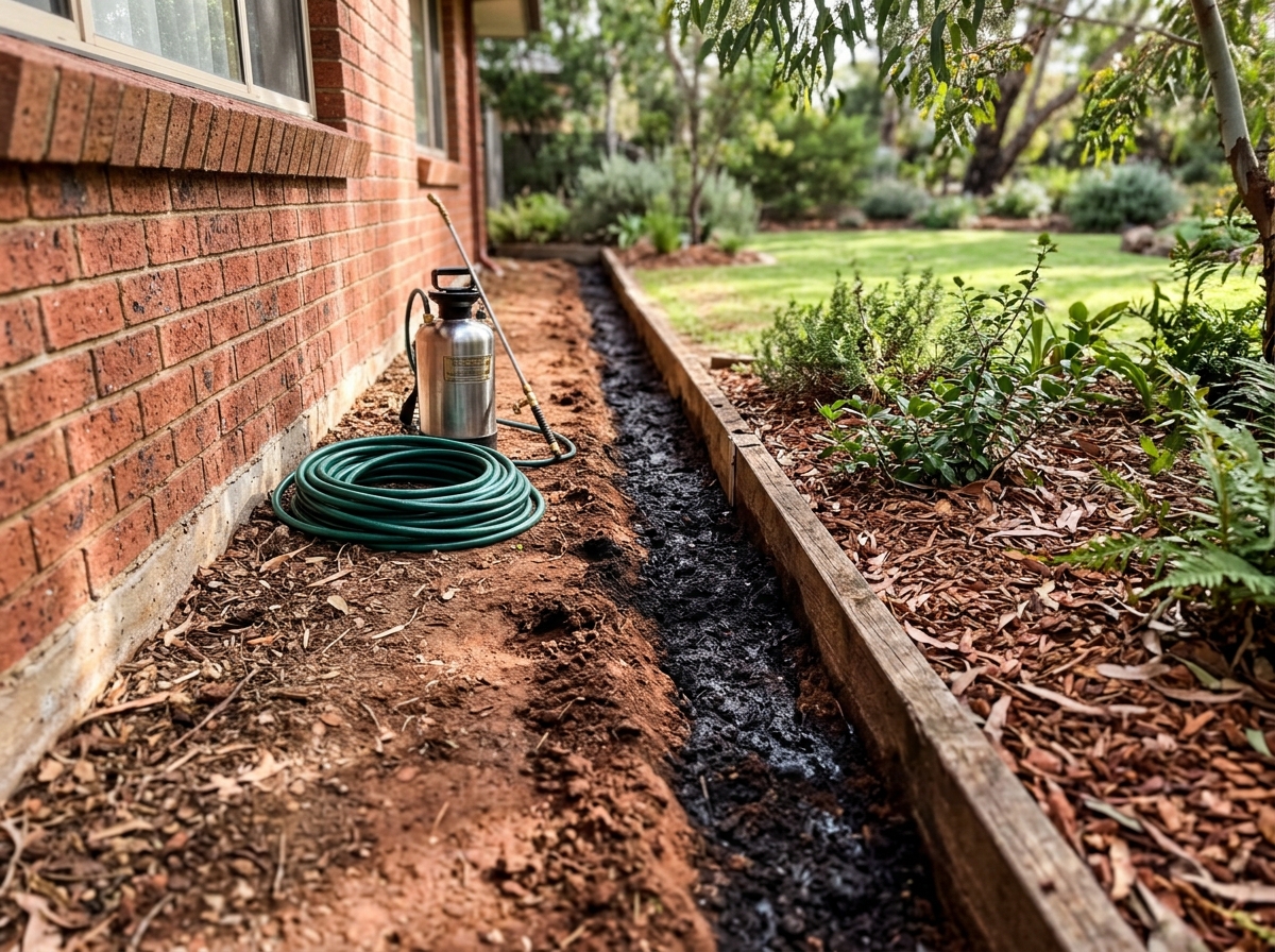 Freshly dug trench along a brick home's foundation with a dark treated soil band, coiled hose and sprayer beside it.