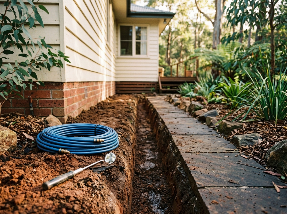 Freshly dug termite barrier trench along a brick foundation, with treated soil, blue pipe coil and a steel tool.