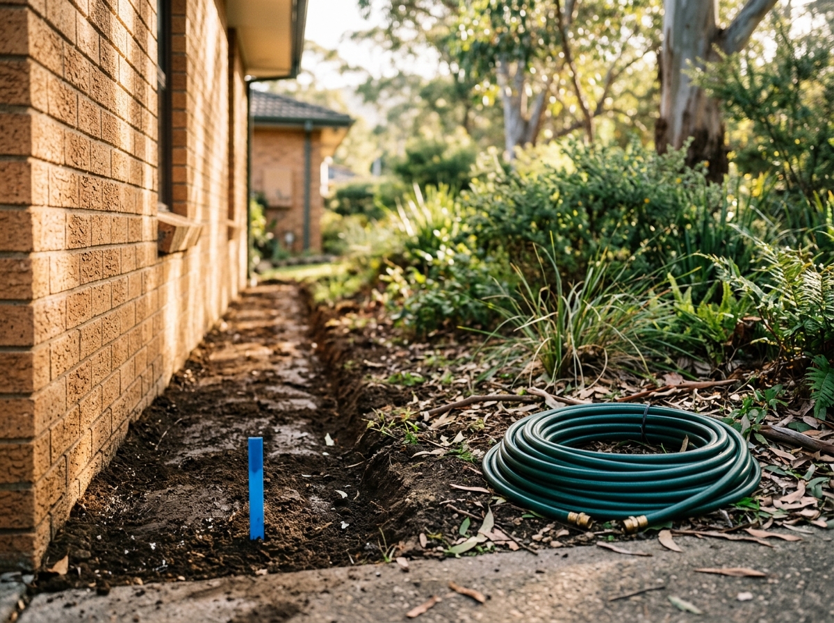Freshly treated soil trench along a brick house foundation with a blue marker stake and coiled hose in dappled light