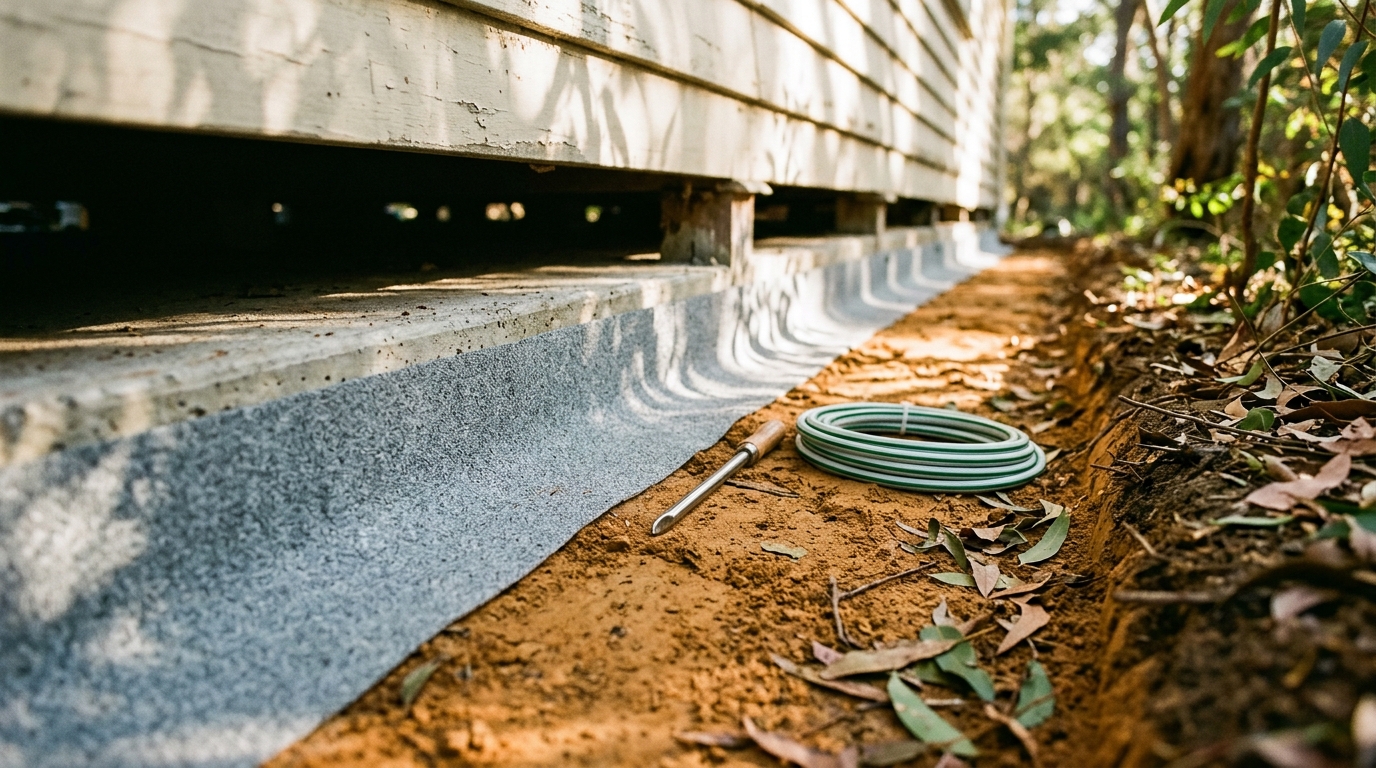 Grey termite barrier membrane along a concrete slab edge and timber stump, with a steel probe and coiled tubing beside a trench