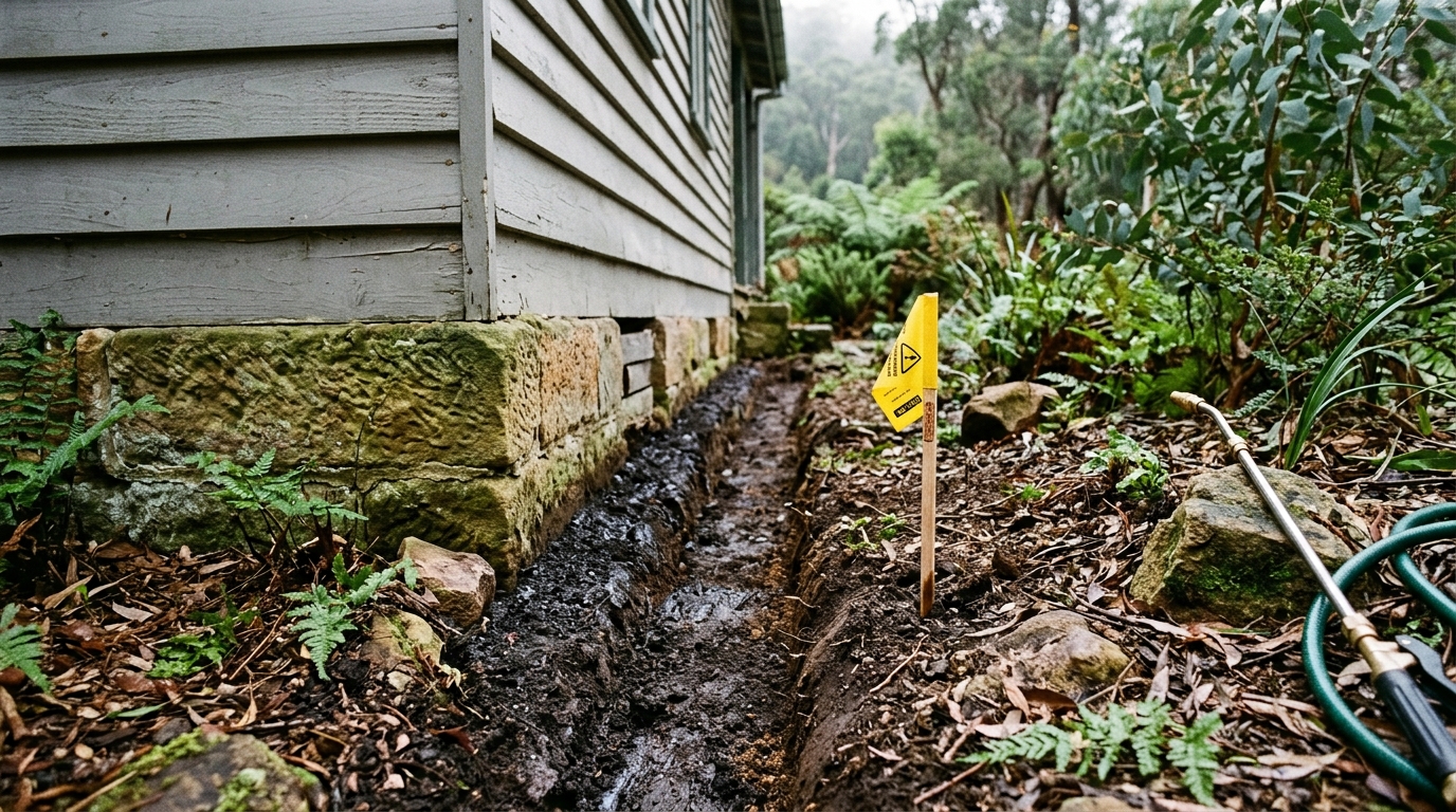 Dark, freshly treated soil trench beside mossy sandstone footings of a weatherboard cottage, with a small marker stake and ferns.