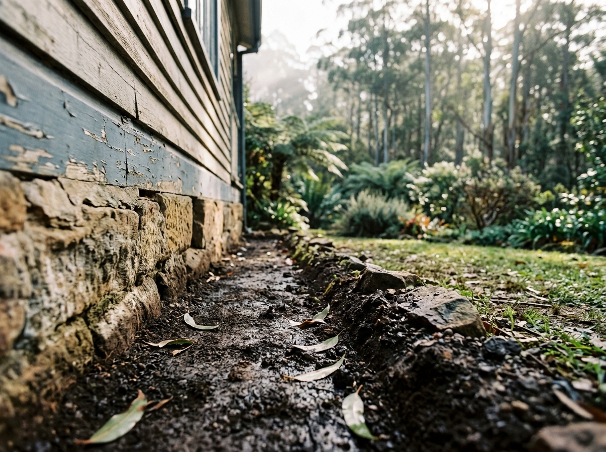 Dark, moist treated soil trench along a sandstone and timber cottage base, with gum leaves nearby and misty ferns behind.