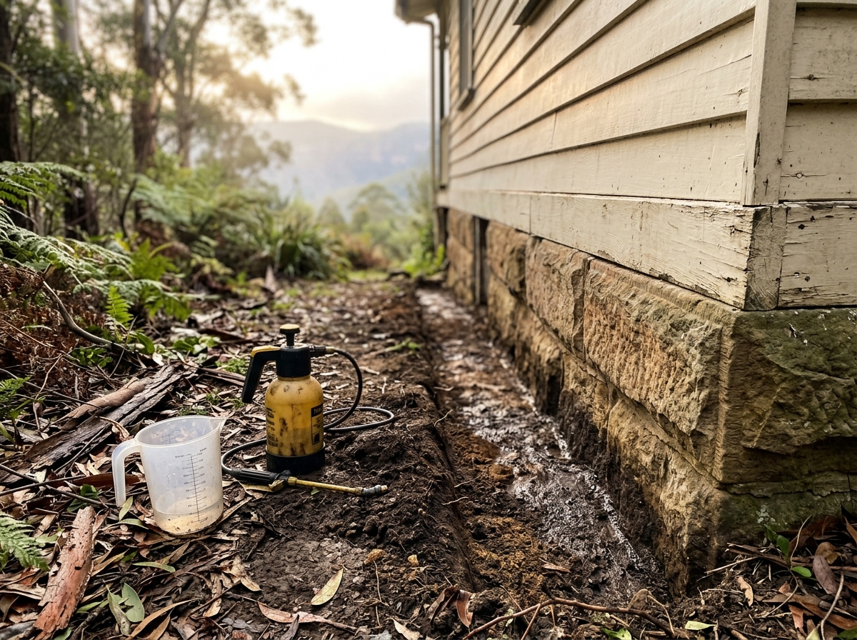 Freshly dug termite barrier trench along a sandstone foundation, with a hand-pump sprayer and measuring jug on damp soil.