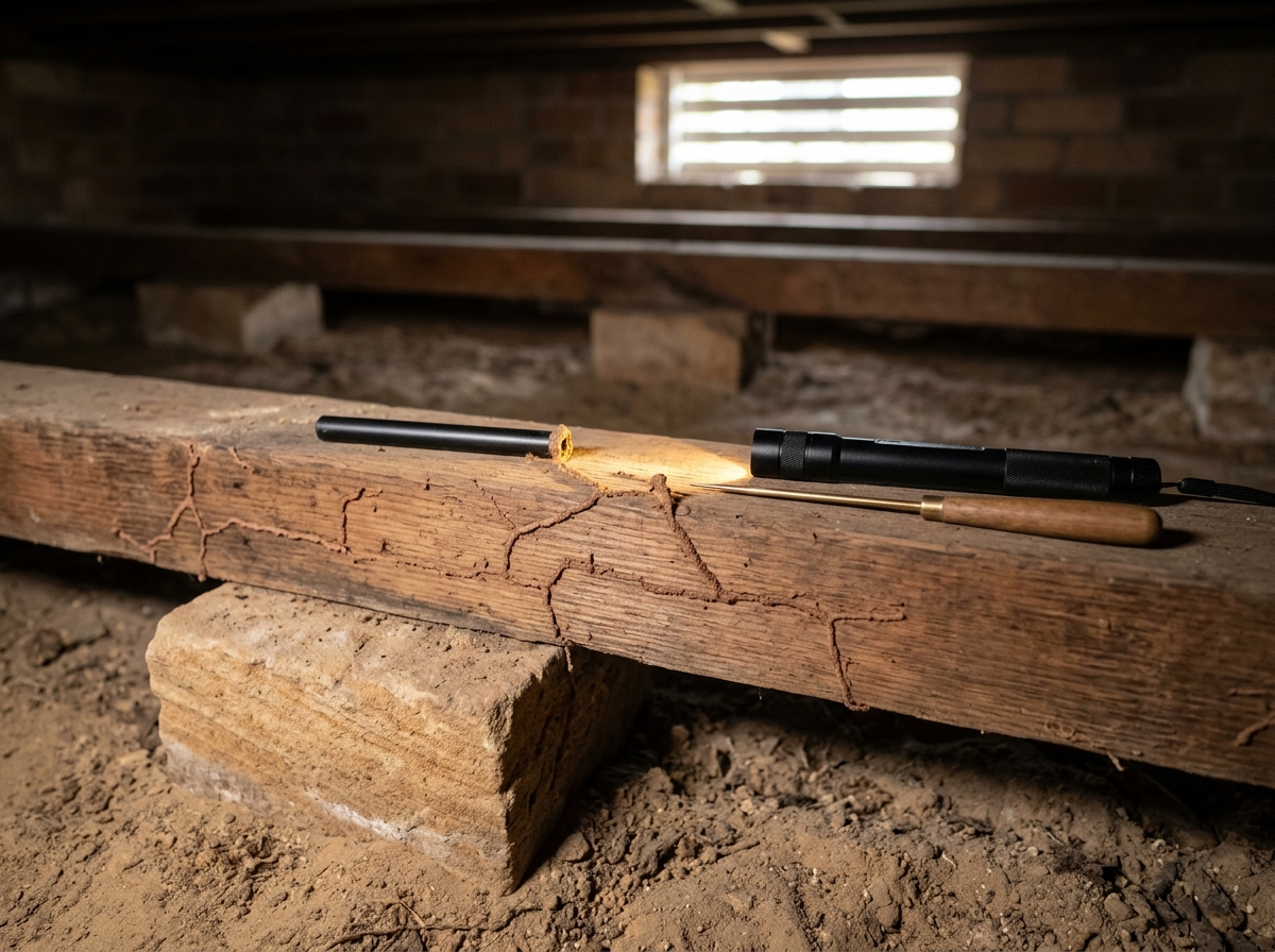 Close-up of timber framing and a joist with faint branching termite mud tunnels, a torch and brass probe on the beam.