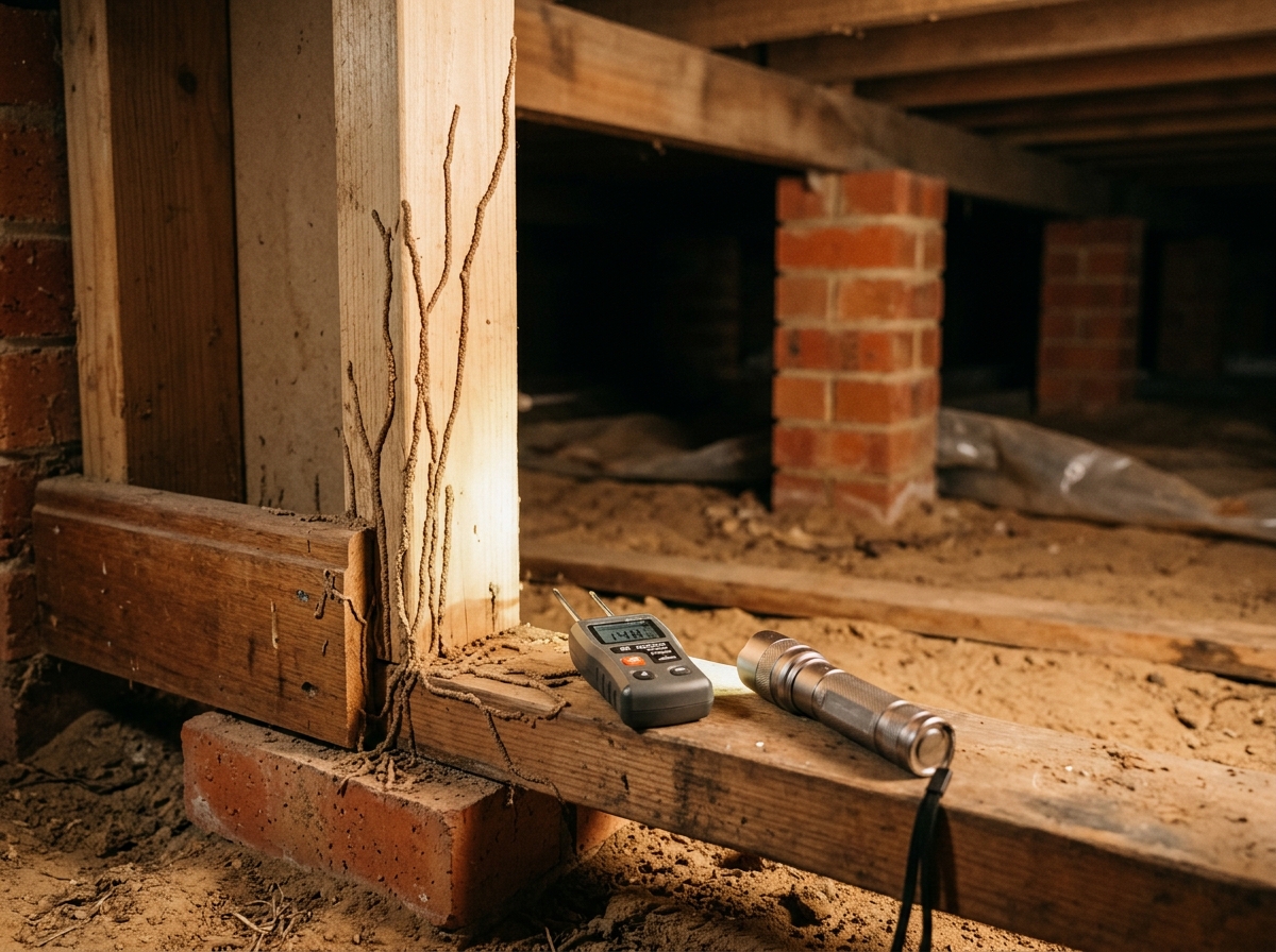 Torchlit timber stud with thin mud tunnels beside a flashlight and moisture meter in a brick-pier crawl space.