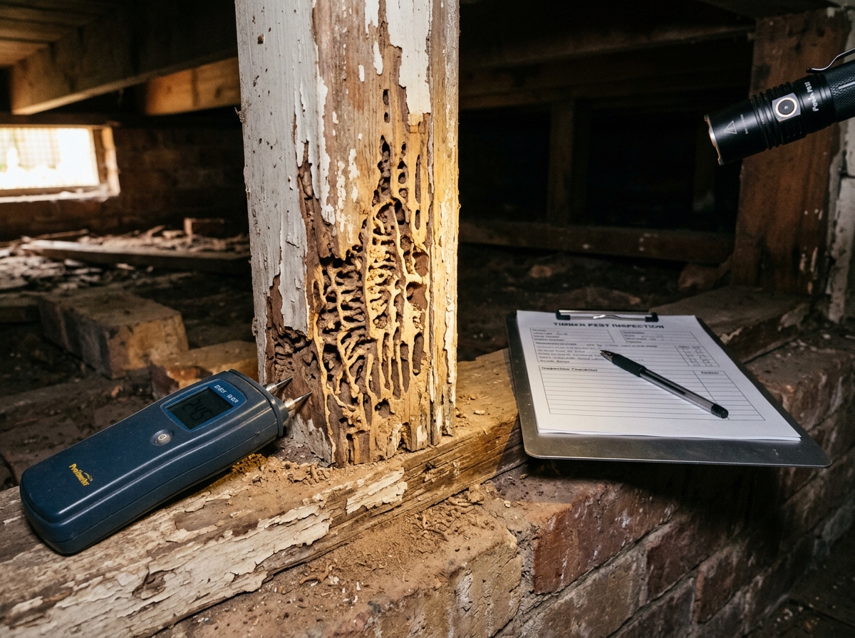 Timber wall stud with honeycomb termite tunnels under peeling paint, beside a flashlight, moisture meter and clipboard.