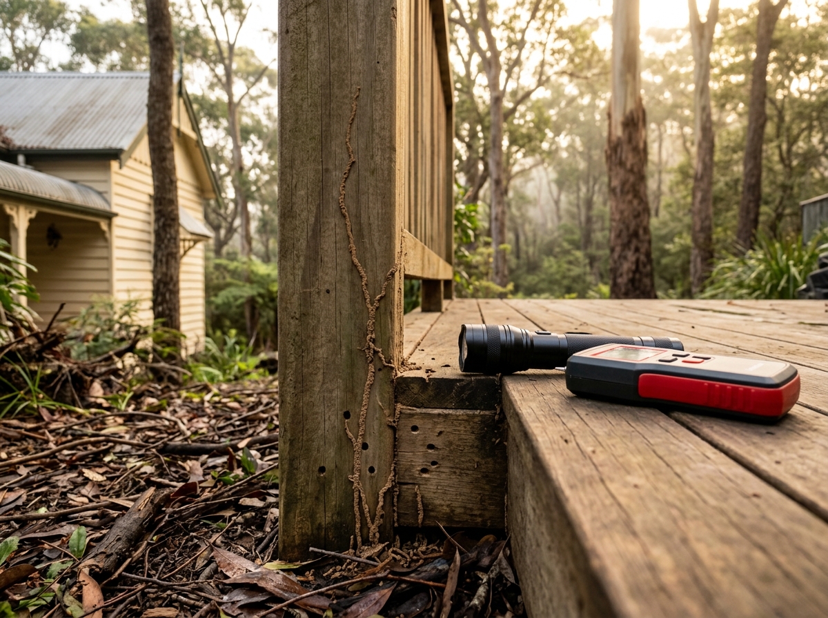 Weathered timber fence post and deck base with mud-tube trails and bore holes, a torch and moisture meter resting beside the damage.