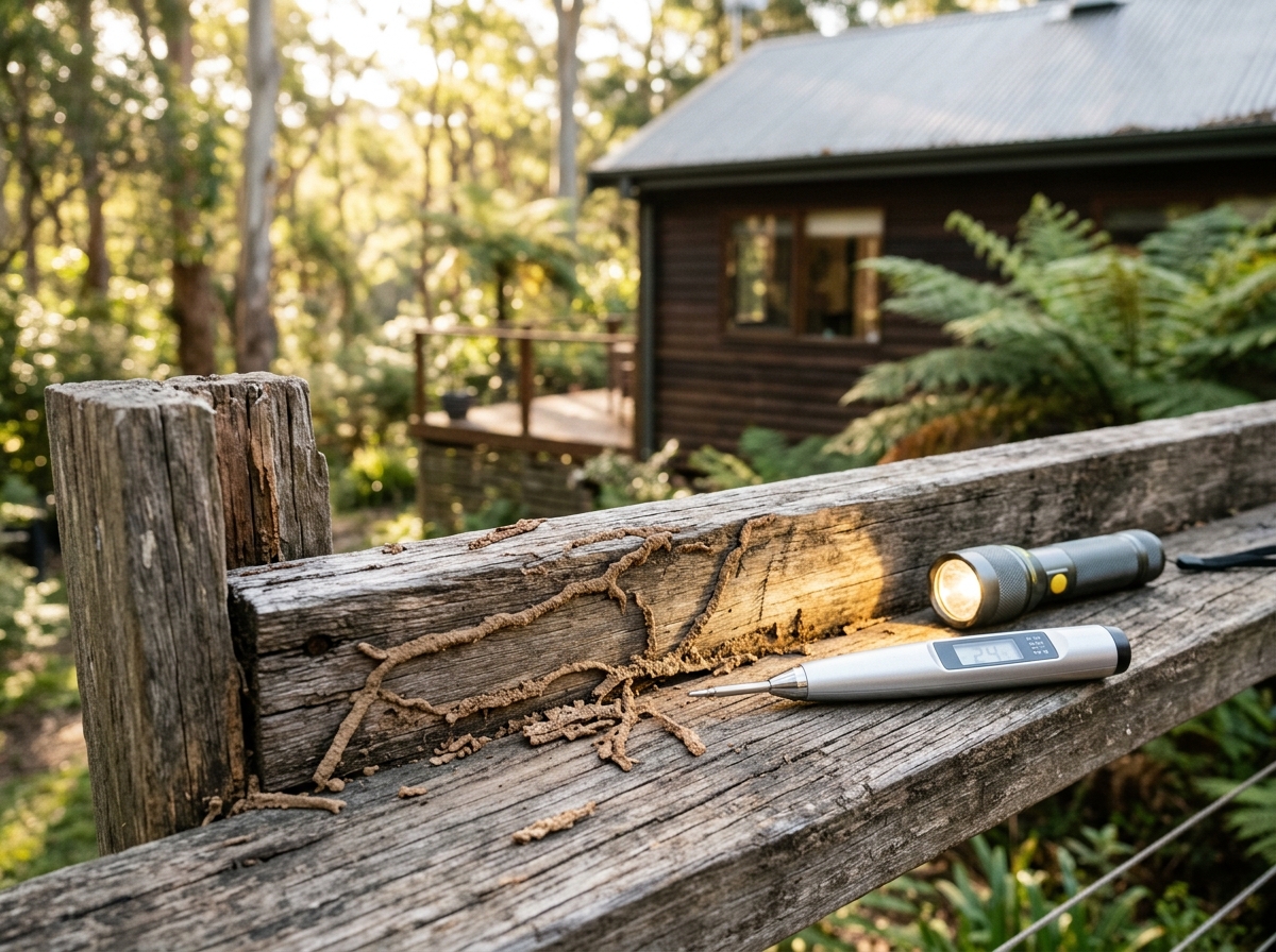 Weathered timber deck beam with thin mud tunnels and crumbling edges, a torch beam and moisture meter resting on it