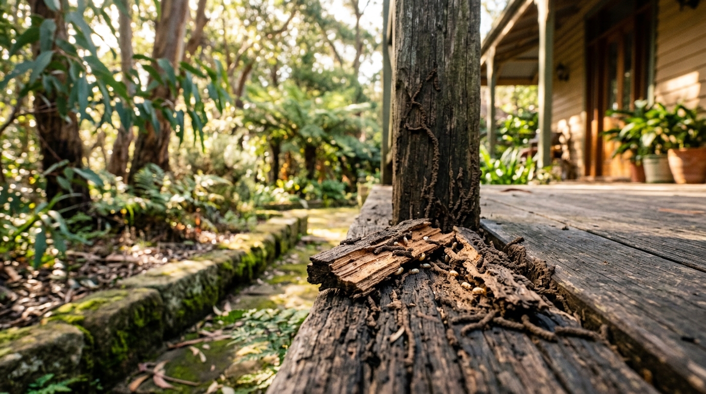 Weathered fence post and decking board with termite mud tunnels and pale termites in split wood; eucalypts blurred behind.