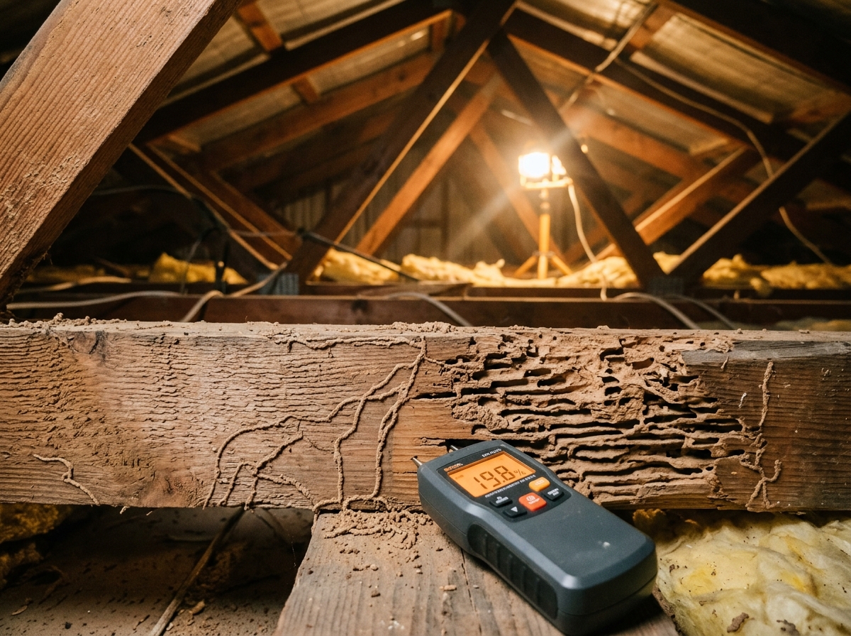 Close-up of a timber roof truss with mud tubes and honeycombed termite damage, a handheld moisture meter held against it.