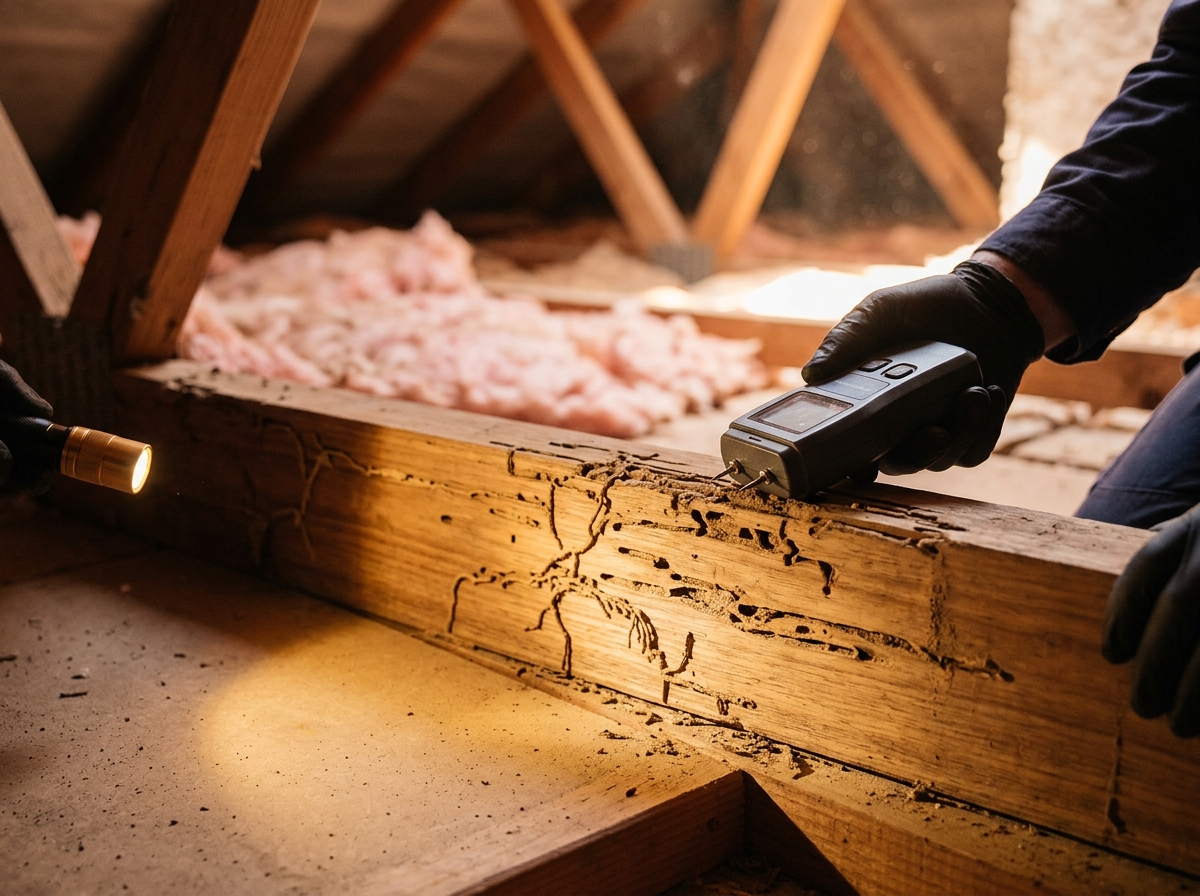 Close-up of a timber roof truss with termite mud tubes and hollowed channels, a moisture meter probe and torchlight on the wood.